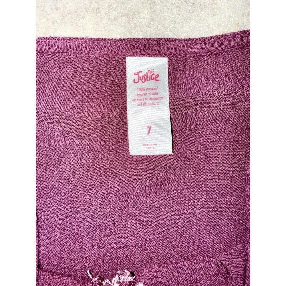 Justice Girls Size 7 Purple Shirt White Embroidery Spring Tie Sleeve